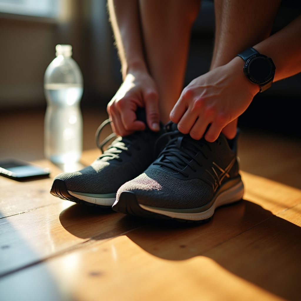 Person lacing running shoes in morning light, representing daily consistency and habit formation