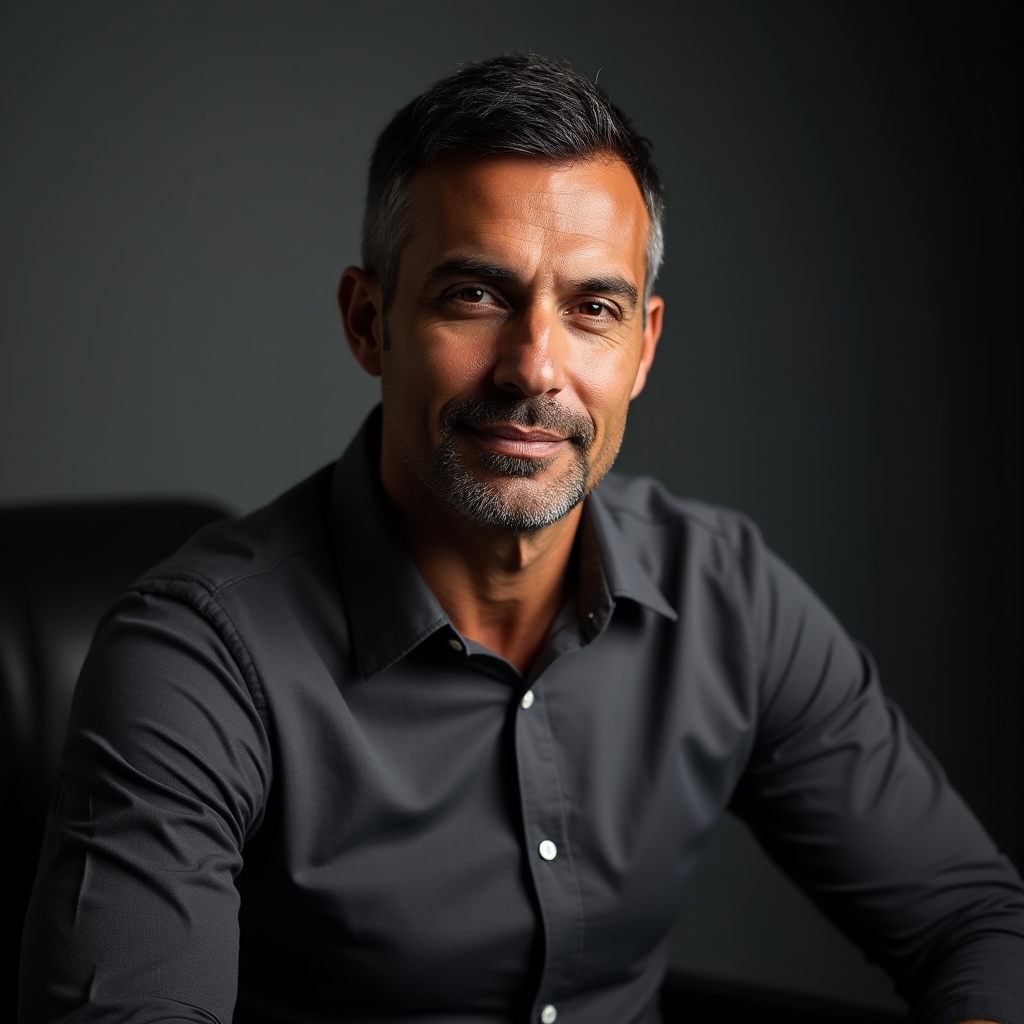 Male educator in his 40s, professional headshot, warm studio lighting, confident composed expression