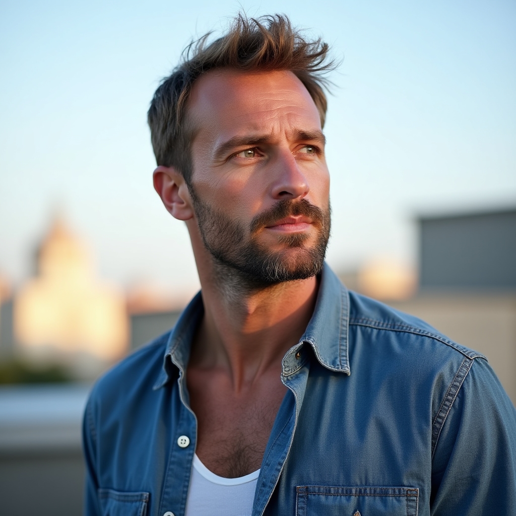 Male educator in his late 30s, athletic build, casual button-down shirt, outdoor setting, natural light, thoughtful expression