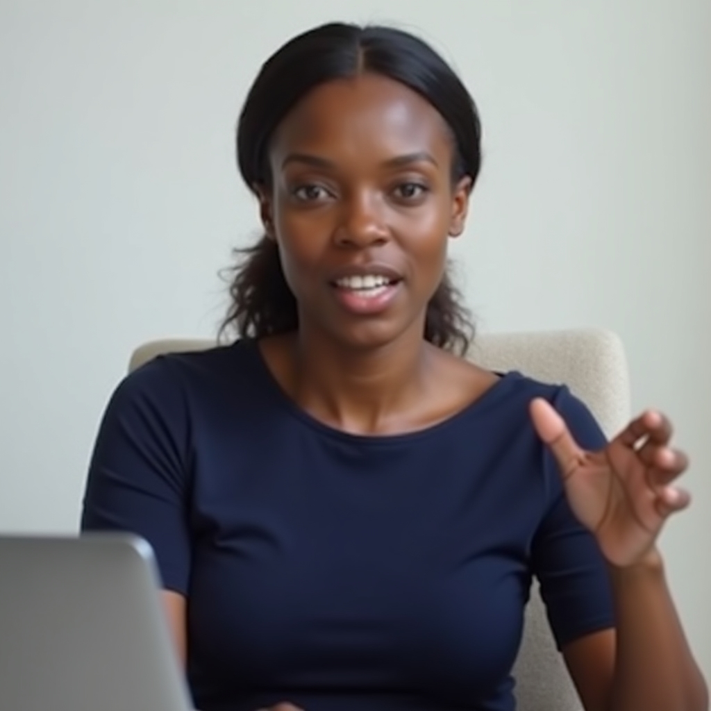 Female educator in her 30s presenting to camera during a webinar, warm professional lighting, engaged expression