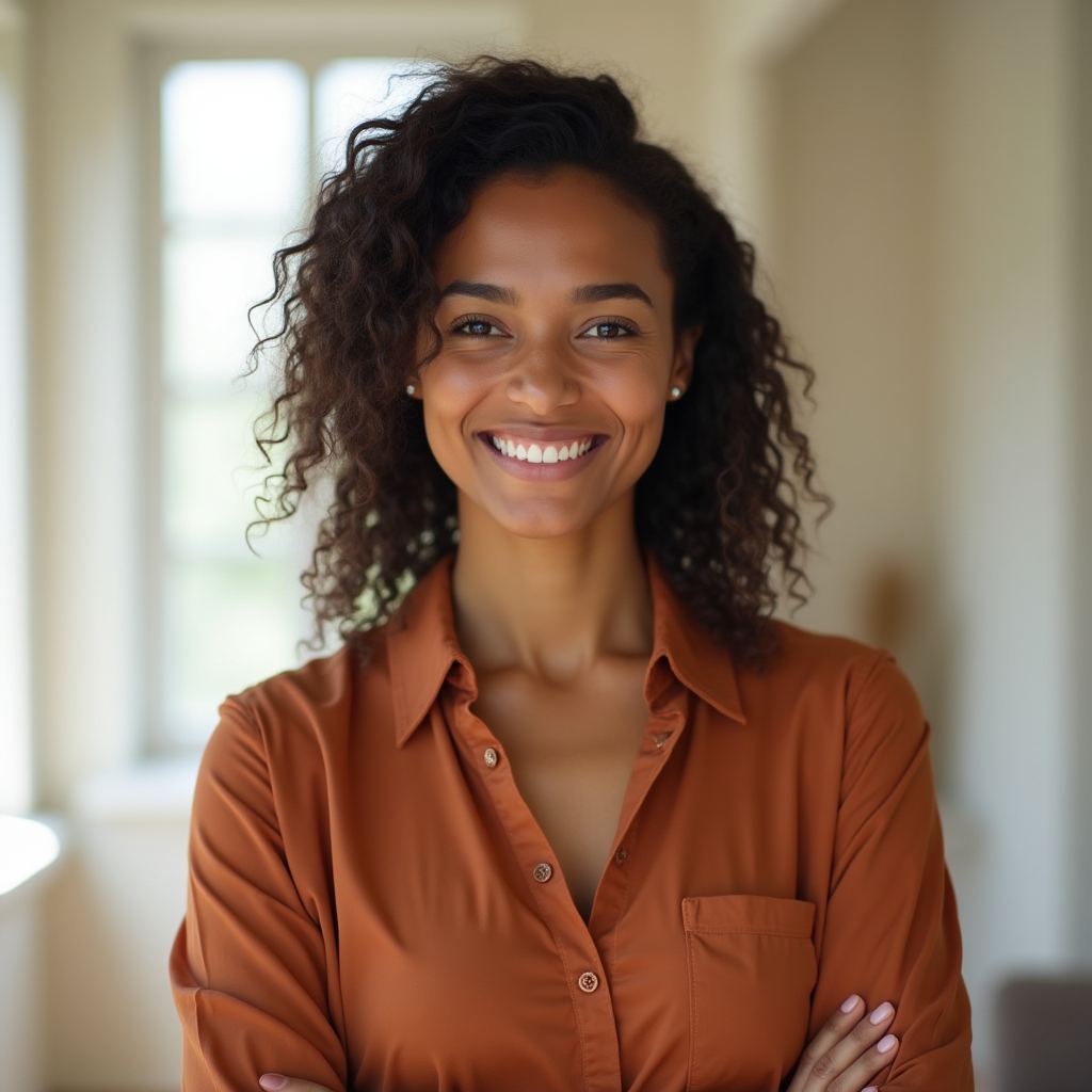 Female educator in her early 30s, casual professional attire, bright background, warm approachable smile, medium shot