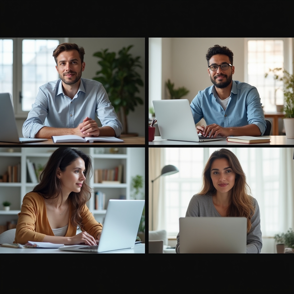 Diverse group of adults engaged in an online webinar session, watching a presentation on screens