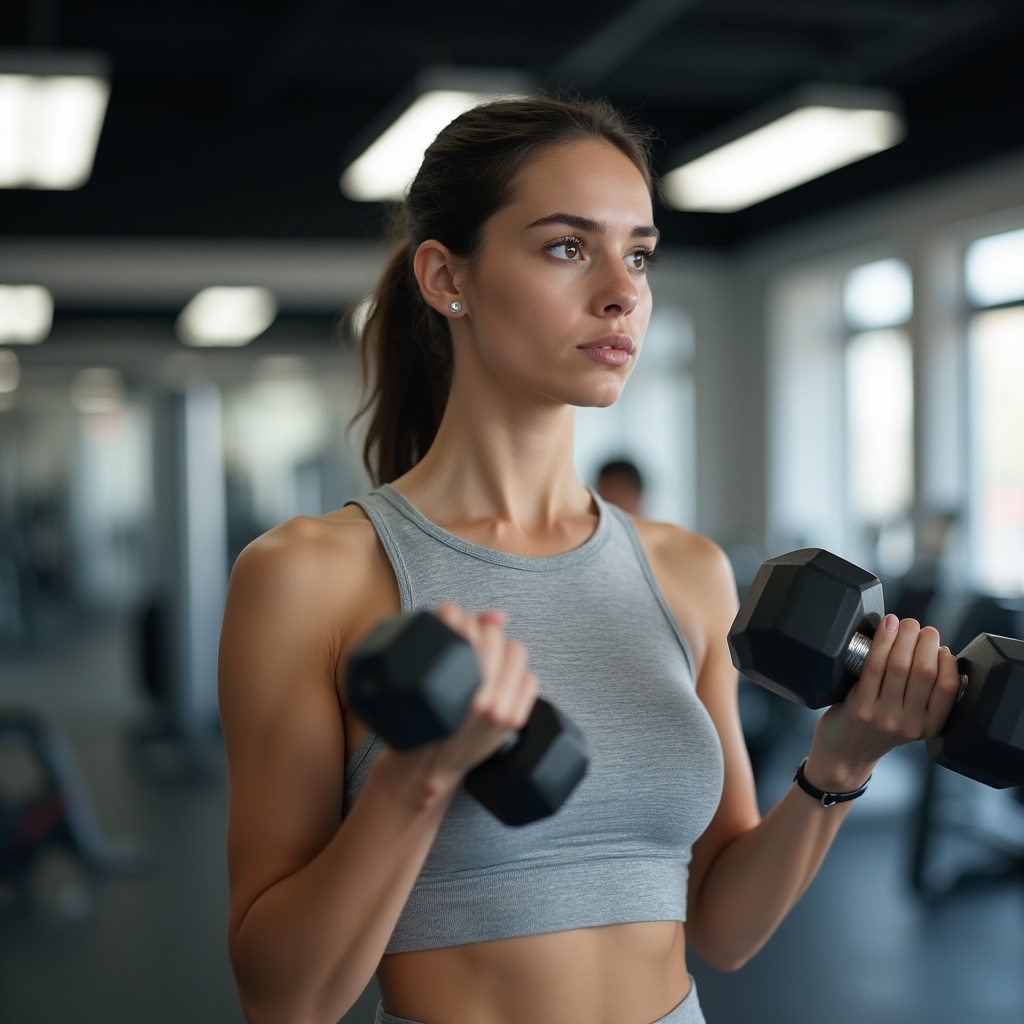 Young woman in her late 20s at a gym, focused expression while lifting light weights, beginner setting, natural lighting