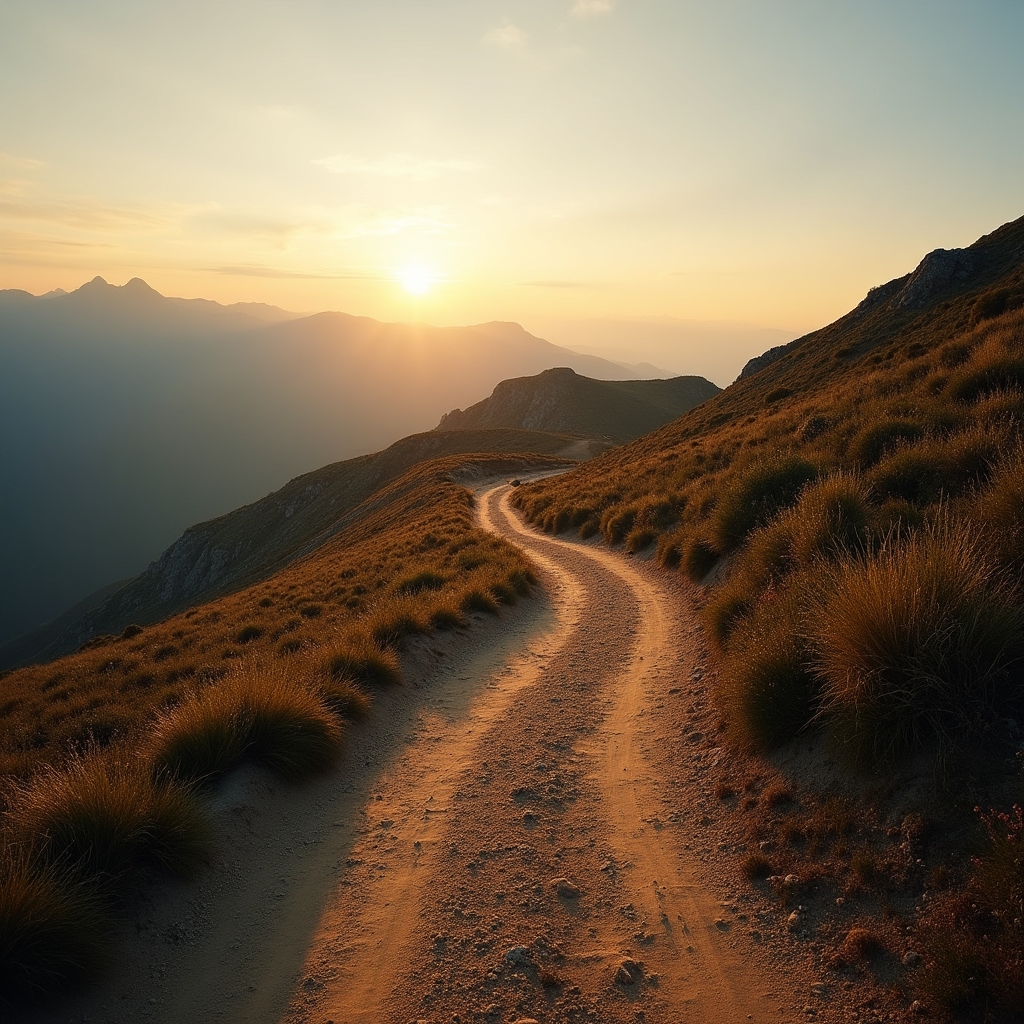 Wide angle view of a winding mountain trail at golden hour, symbolic of a long journey ahead