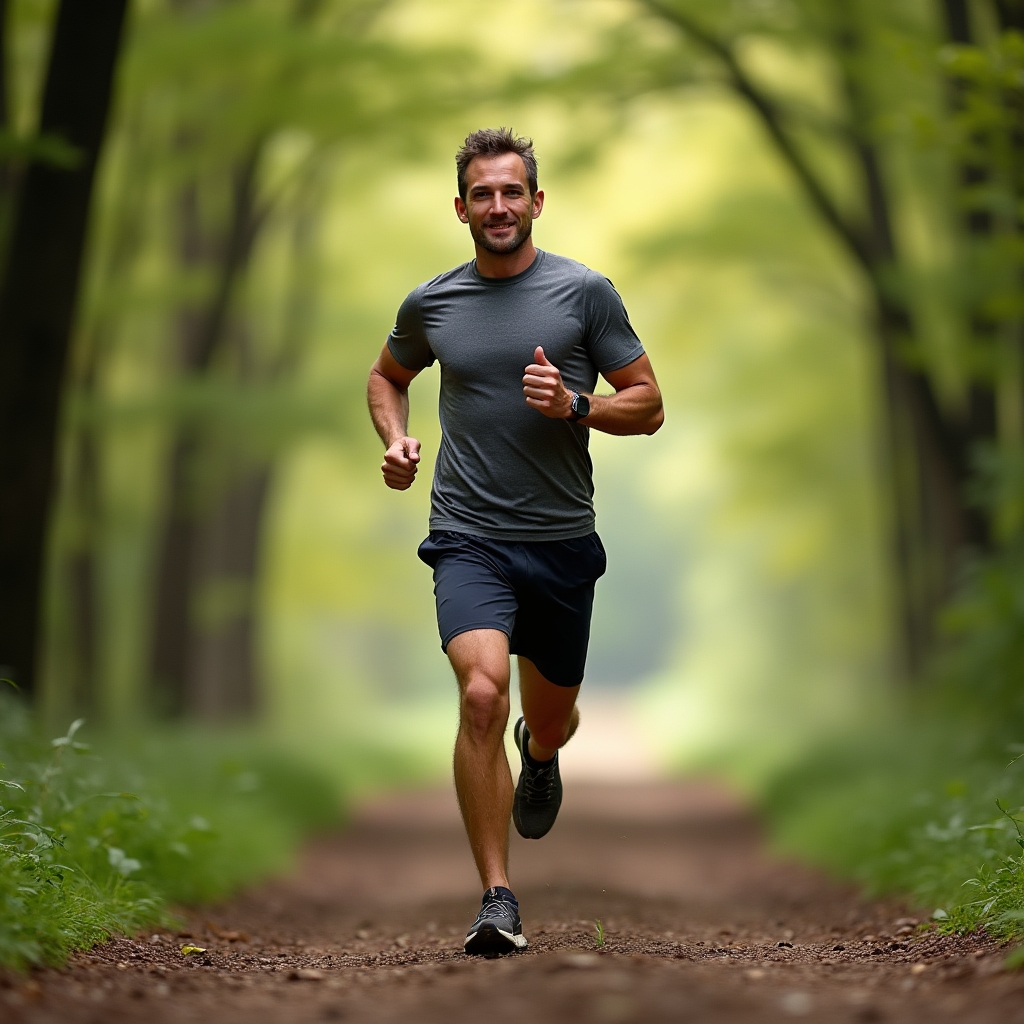 Middle-aged man running on a forest trail, relaxed pace, morning light filtering through trees