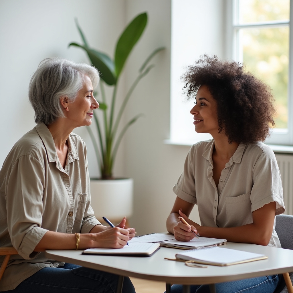 Two women in a bright studio space, one coaching the other, both seated, notebooks visible, collaborative atmosphere